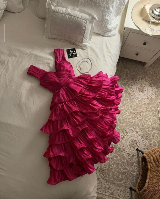 Vintage Pink V Neck Layered Tea Length Evening Gown Homecoming Dress TP2078