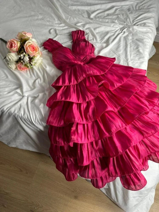 Vintage Pink V Neck Layered Tea Length Evening Gown Homecoming Dress TP2078