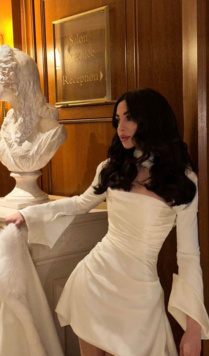 Sexy Long Sleeve White Satin Short Dress Homecoming Dress TP2082
