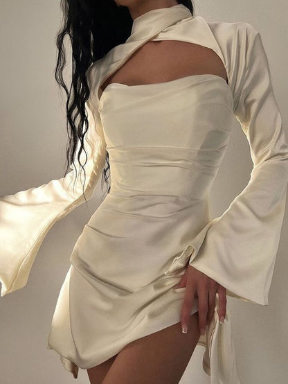 Sexy Long Sleeve White Satin Short Dress Homecoming Dress TP2082