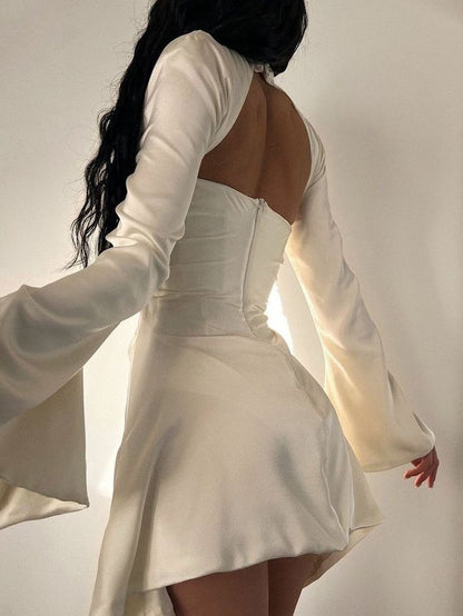 Sexy Long Sleeve White Satin Short Dress Homecoming Dress TP2082