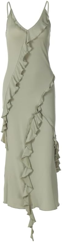 Elegante vestido de noche verde de gasa con escote en V, corte A, tirantes finos y volantes para dama de honor TP2083