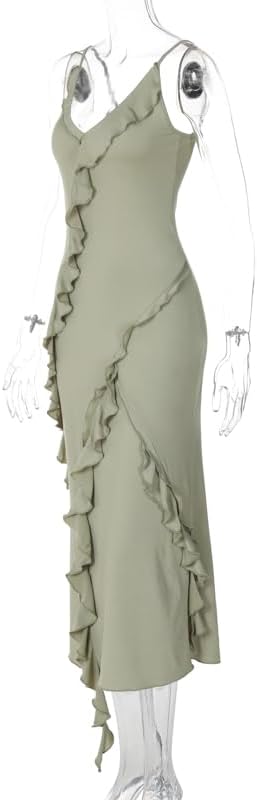 Elegante vestido de noche verde de gasa con escote en V, corte A, tirantes finos y volantes para dama de honor TP2083