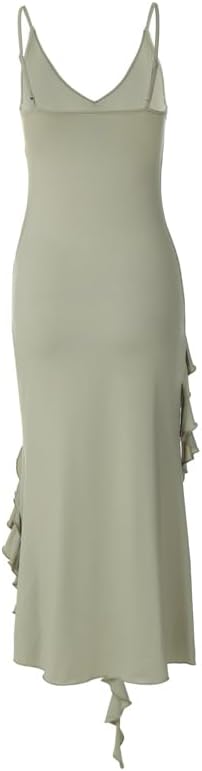 Elegante vestido de noche verde de gasa con escote en V, corte A, tirantes finos y volantes para dama de honor TP2083