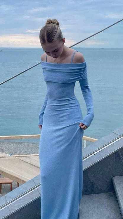 Elegante vestido largo azul con hombros descubiertos, sexy, ajustado, de manga larga, para fiesta y graduación, TP2084