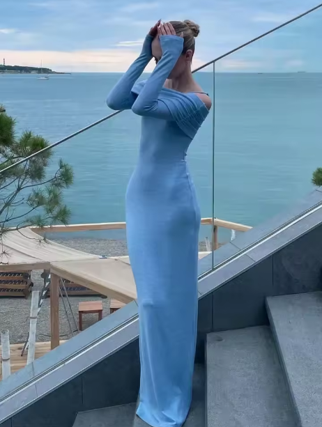 Elegante vestido largo azul con hombros descubiertos, sexy, ajustado, de manga larga, para fiesta y graduación, TP2084