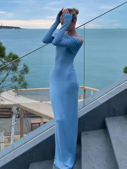 Elegante vestido largo azul con hombros descubiertos, sexy, ajustado, de manga larga, para fiesta y graduación, TP2084