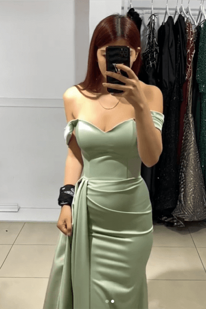 Vestido de noche verde encantador de satén estilo sirena, con hombros descubiertos y largo hasta el suelo, TP2085