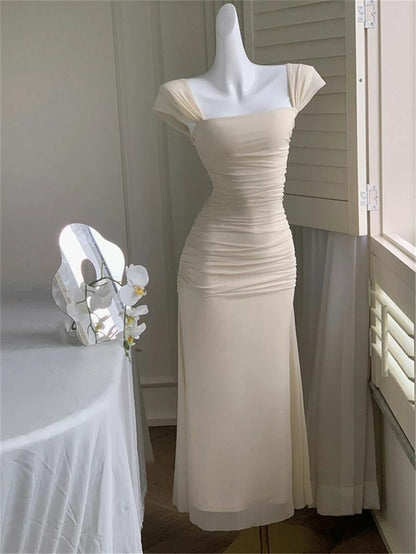 Elegante vestido de fiesta amarillo claro de sirena, de gasa, de manga corta y largo hasta los tobillos, TP2087