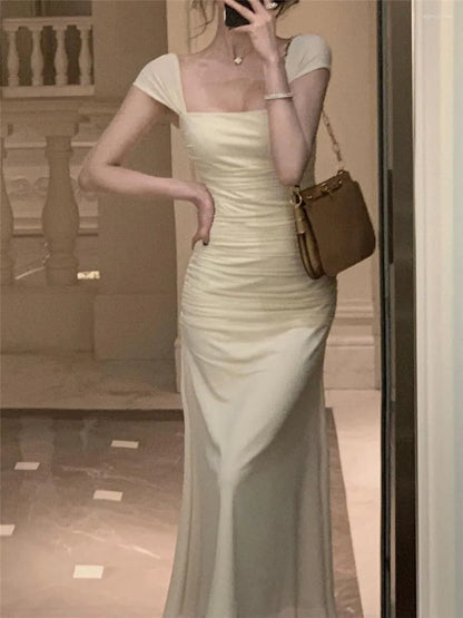 Elegante vestido de fiesta amarillo claro de sirena, de gasa, de manga corta y largo hasta los tobillos, TP2087