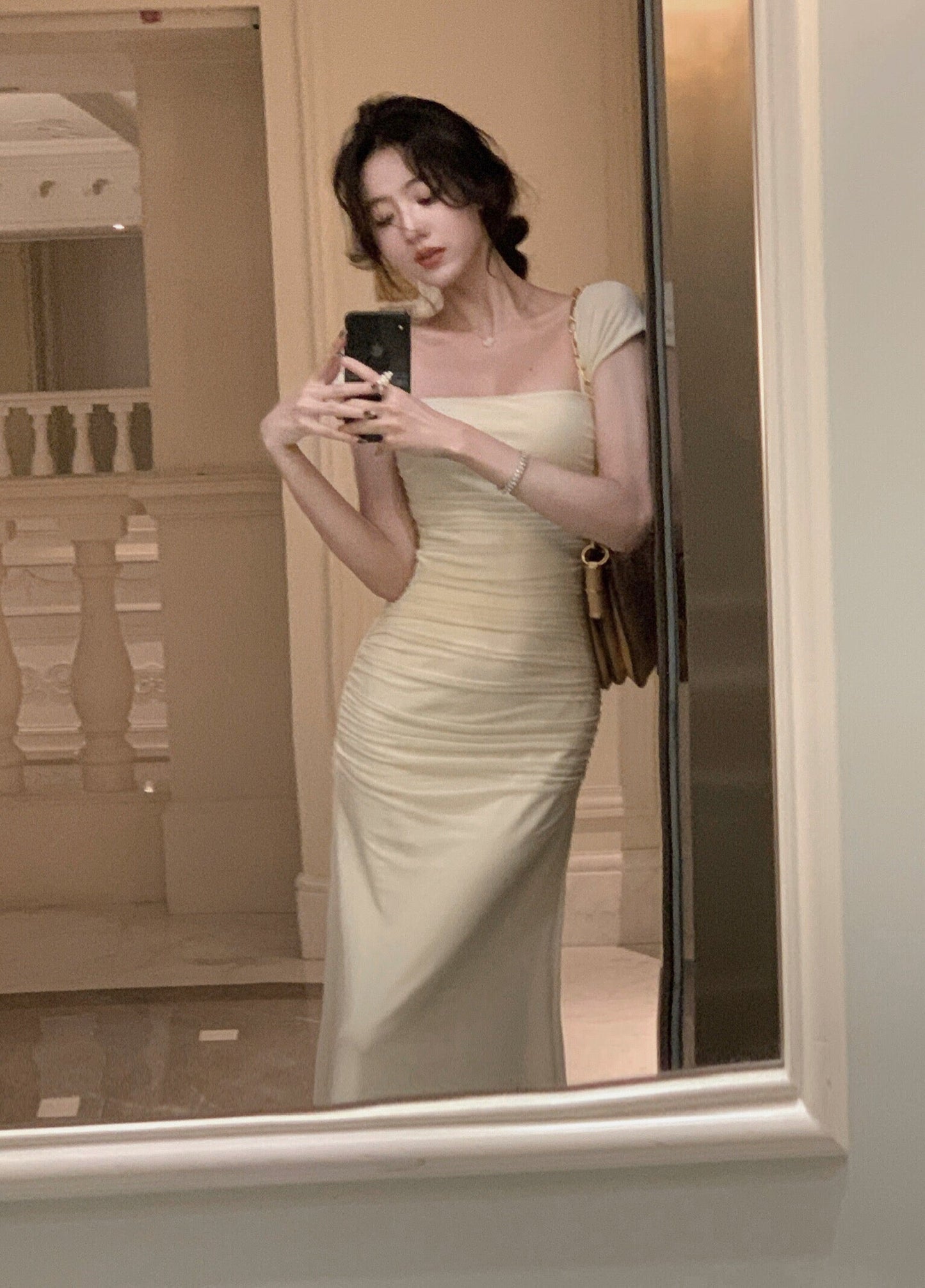 Elegante vestido de fiesta amarillo claro de sirena, de gasa, de manga corta y largo hasta los tobillos, TP2087