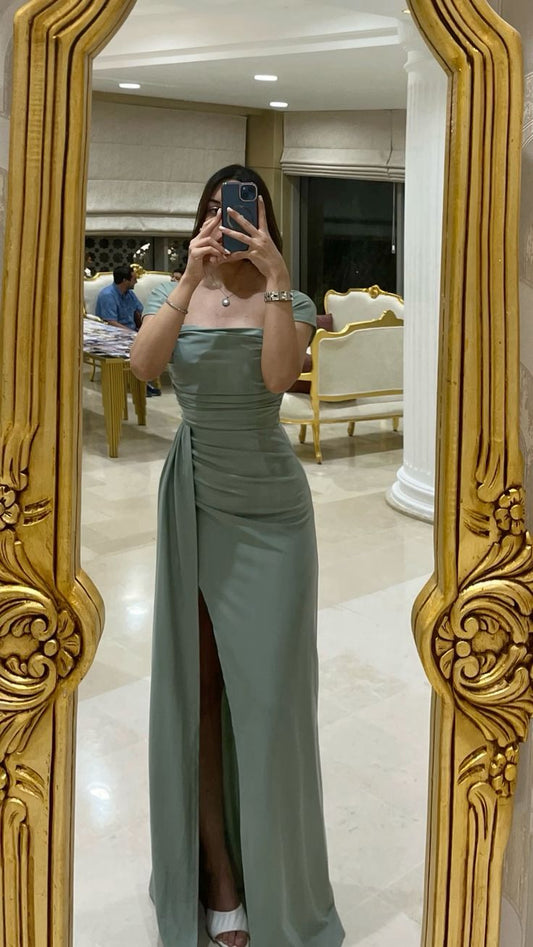 Vestido de dama de honor largo, ajustado, con abertura alta y manga corta, color verde, TP2090