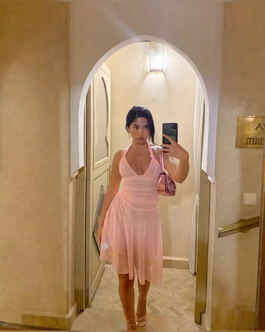 Vestido de fiesta corto de tul con escote halter, corte A, color rosa, encantador, TP2109