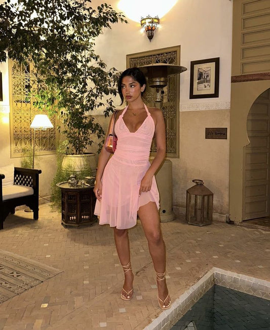 Vestido de fiesta corto de tul con escote halter, corte A, color rosa, encantador, TP2109