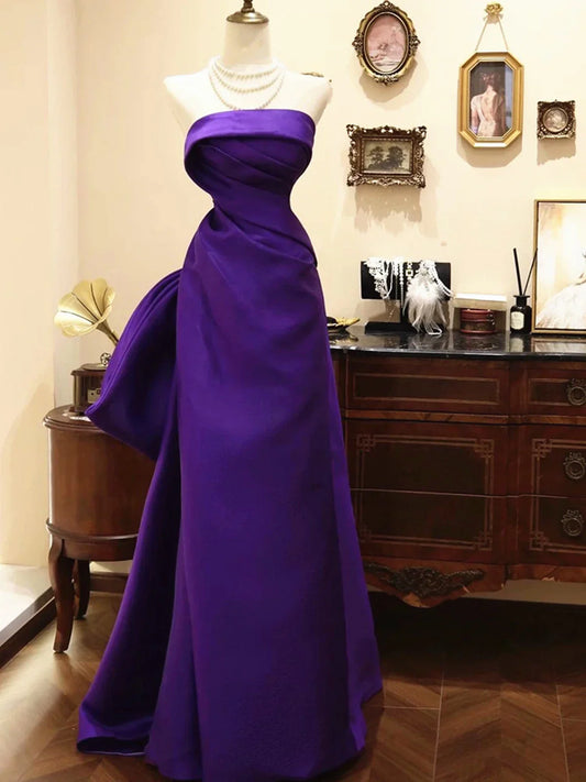 Vestido de fiesta morado de satén con escote en A y largo hasta el suelo, vestido de fiesta morado de satén con lazo TP2119