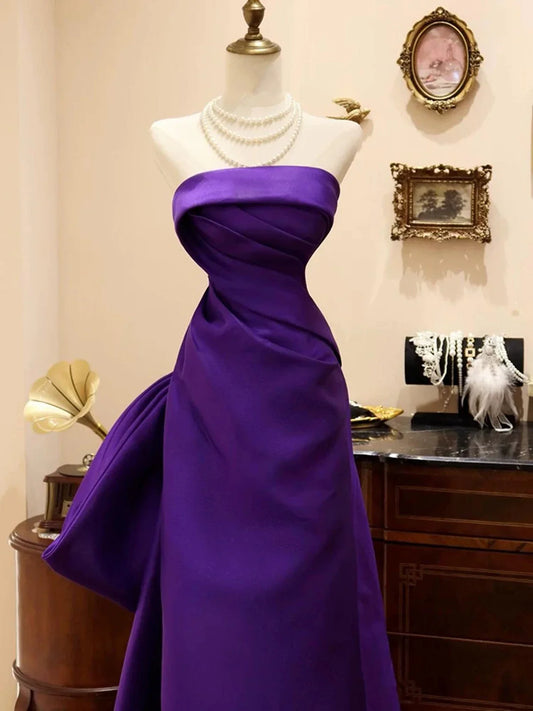 Vestido de fiesta morado de satén con escote en A y largo hasta el suelo, vestido de fiesta morado de satén con lazo TP2119