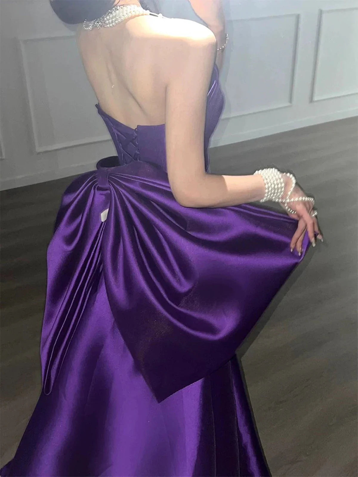 Vestido de fiesta morado de satén con escote en A y largo hasta el suelo, vestido de fiesta morado de satén con lazo TP2119