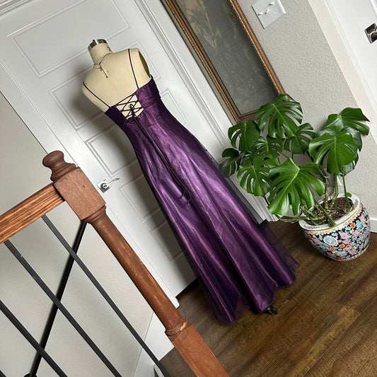 Vestido de fiesta largo de satén y tul morado, corte A, largo hasta el suelo, TP2120