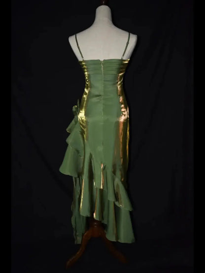 Vestido de fiesta elegante de satén con tirantes verdes, corte asimétrico, vestido de noche verde para graduación TP2123