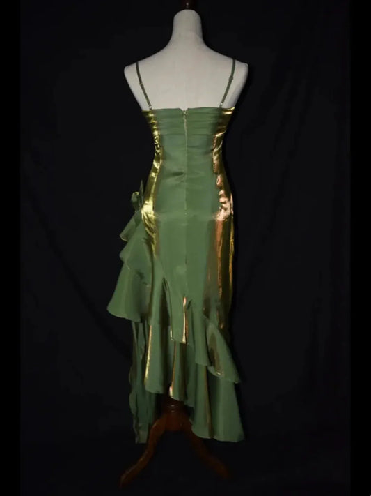 Vestido de fiesta elegante de satén con tirantes verdes, corte asimétrico, vestido de noche verde para graduación TP2123