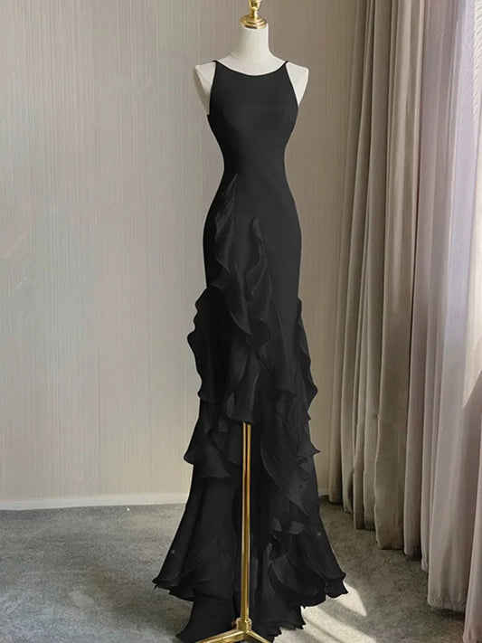 Vestido de fiesta negro con escote redondo, espalda baja y corte alto, vestido de fiesta negro con cuello halter TP2124