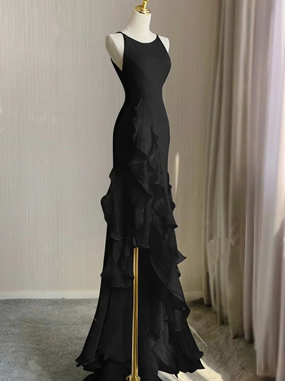 Vestido de fiesta negro con escote redondo, espalda baja y corte alto, vestido de fiesta negro con cuello halter TP2124
