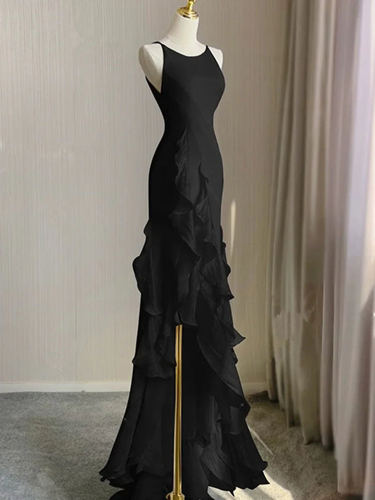 Vestido de fiesta negro con escote redondo, espalda baja y corte alto, vestido de fiesta negro con cuello halter TP2124