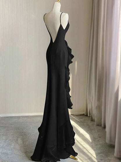 Vestido de fiesta negro con escote redondo, espalda baja y corte alto, vestido de fiesta negro con cuello halter TP2124