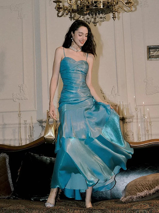 Vestido de fiesta largo de sirena azul con escote corazón y largo hasta el suelo, vestido de fiesta de satén azul TP2125