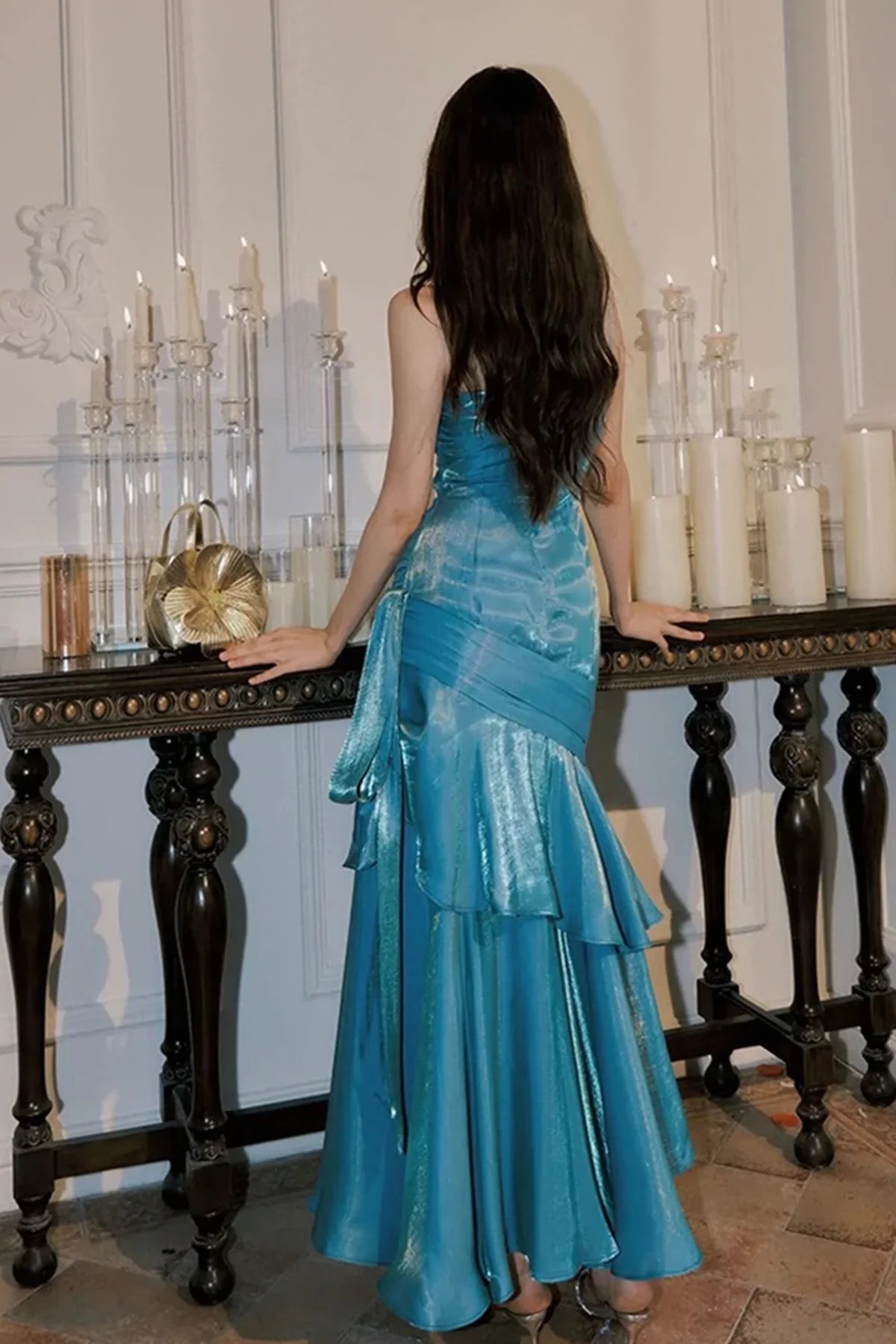 Vestido de fiesta largo de sirena azul con escote corazón y largo hasta el suelo, vestido de fiesta de satén azul TP2125