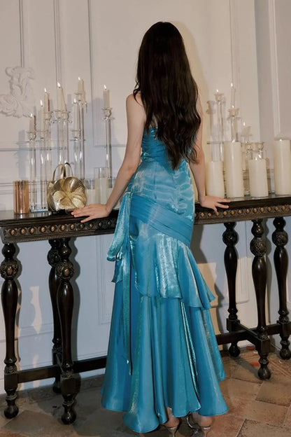 Vestido de fiesta largo de sirena azul con escote corazón y largo hasta el suelo, vestido de fiesta de satén azul TP2125