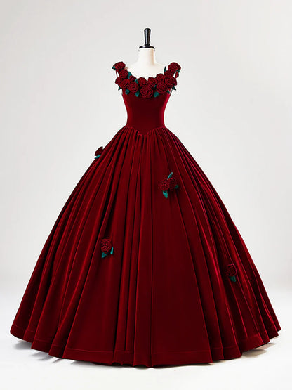 Vestido largo de fiesta de terciopelo burdeos con flores, precioso vestido de fiesta formal de corte A TP2130