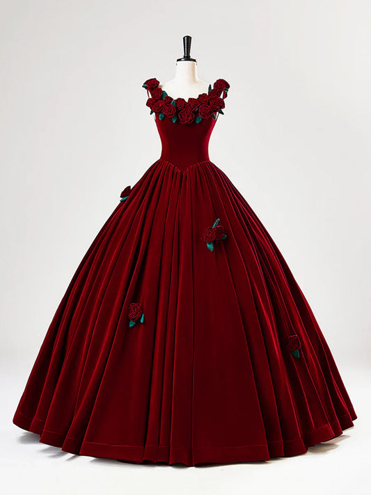 Vestido largo de fiesta de terciopelo burdeos con flores, precioso vestido de fiesta formal de corte A TP2130
