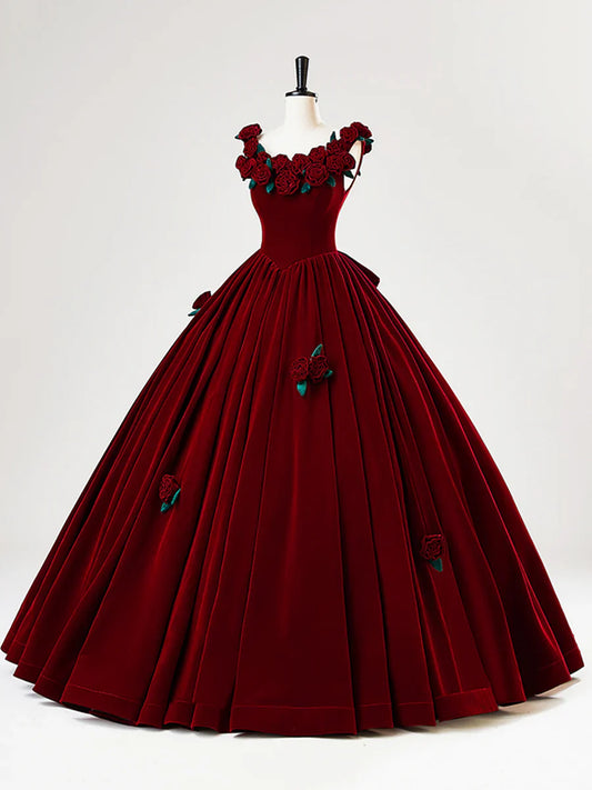 Vestido largo de fiesta de terciopelo burdeos con flores, precioso vestido de fiesta formal de corte A TP2130