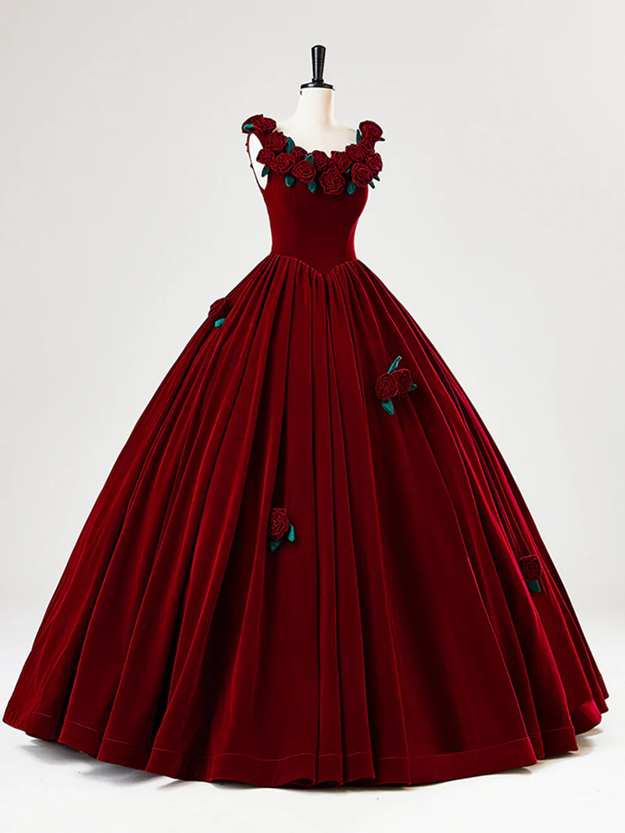 Vestido largo de fiesta de terciopelo burdeos con flores, precioso vestido de fiesta formal de corte A TP2130