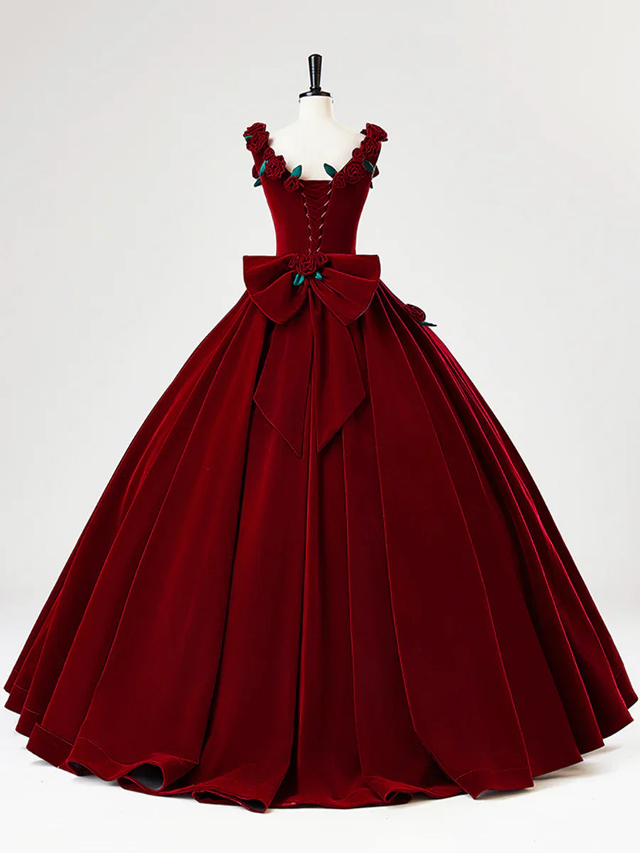 Vestido largo de fiesta de terciopelo burdeos con flores, precioso vestido de fiesta formal de corte A TP2130