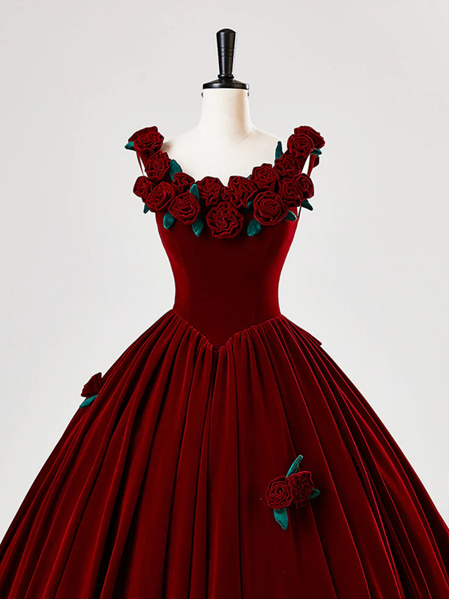 Vestido largo de fiesta de terciopelo burdeos con flores, precioso vestido de fiesta formal de corte A TP2130