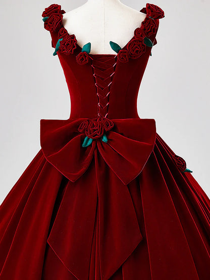 Vestido largo de fiesta de terciopelo burdeos con flores, precioso vestido de fiesta formal de corte A TP2130