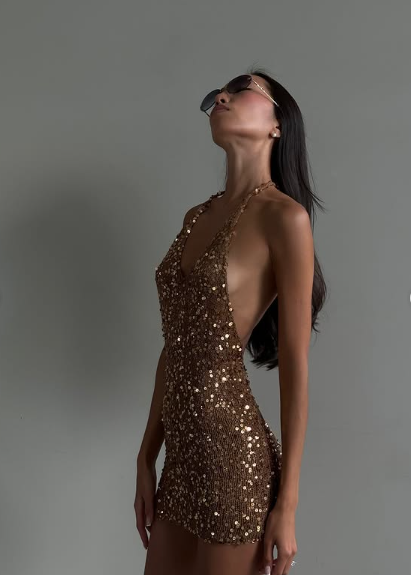 Vestido mini de fiesta con lentejuelas, escote halter, escote en V profundo, hombros descubiertos, espalda descubierta, vestido de graduación TP2135