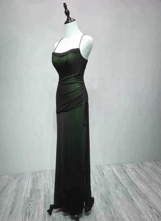 Vestido de noche largo con tirantes negros y verdes, vestido de fiesta de graduación negro y verde TP2142