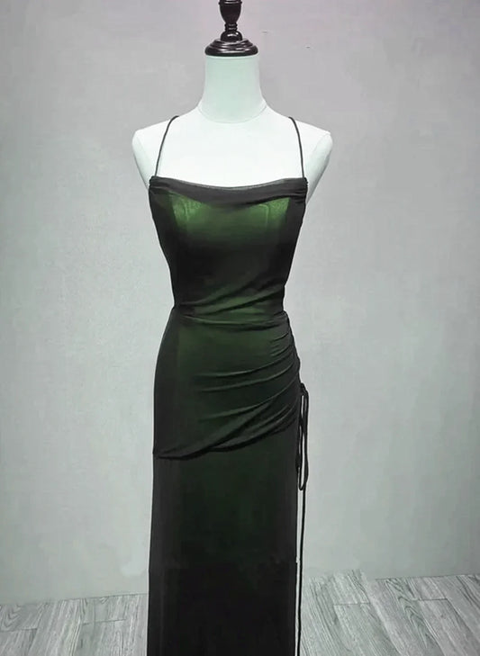 Vestido de noche largo con tirantes negros y verdes, vestido de fiesta de graduación negro y verde TP2142
