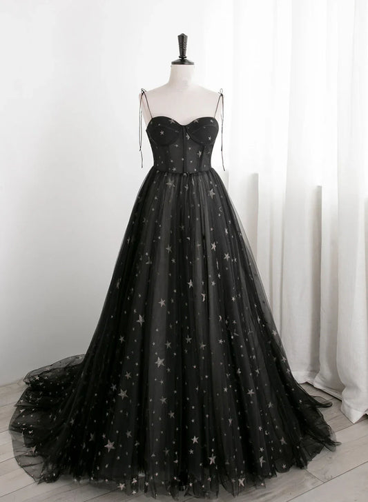 Vestido de fiesta largo de tul Sweetheart negro con tirantes finos, corte A, vestido de fiesta negro TP2143
