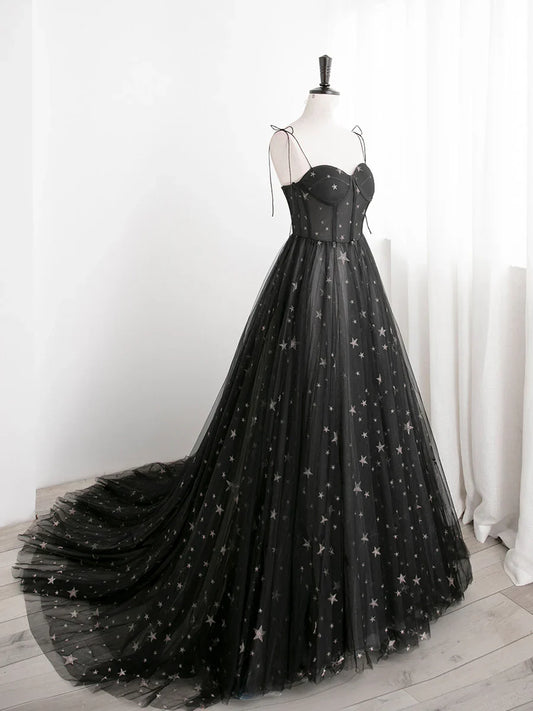 Vestido de fiesta largo de tul Sweetheart negro con tirantes finos, corte A, vestido de fiesta negro TP2143