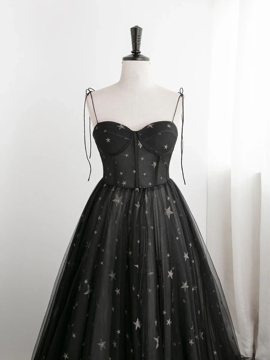 Vestido de fiesta largo de tul Sweetheart negro con tirantes finos, corte A, vestido de fiesta negro TP2143