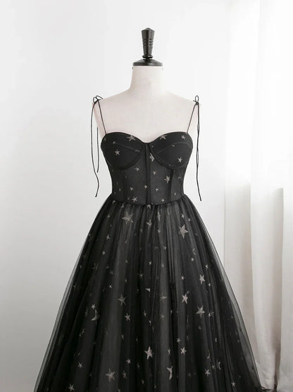 Vestido de fiesta largo de tul Sweetheart negro con tirantes finos, corte A, vestido de fiesta negro TP2143