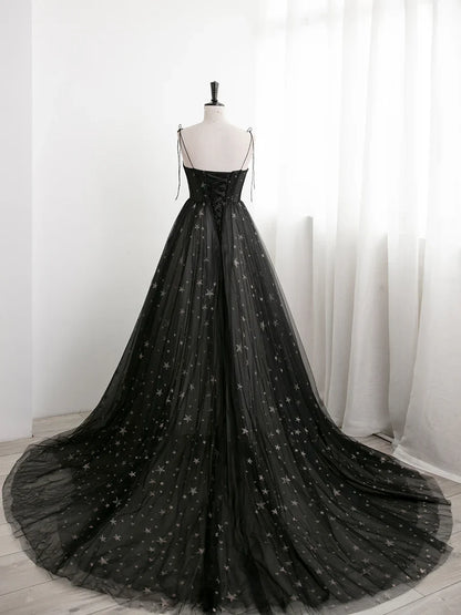 Vestido de fiesta largo de tul Sweetheart negro con tirantes finos, corte A, vestido de fiesta negro TP2143