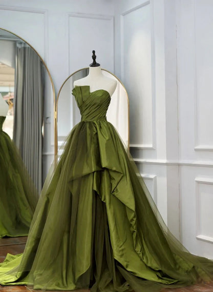 Vestido largo de fiesta formal de satén y tul verde, vestido de fiesta con volantes verdes escalonados TP2145