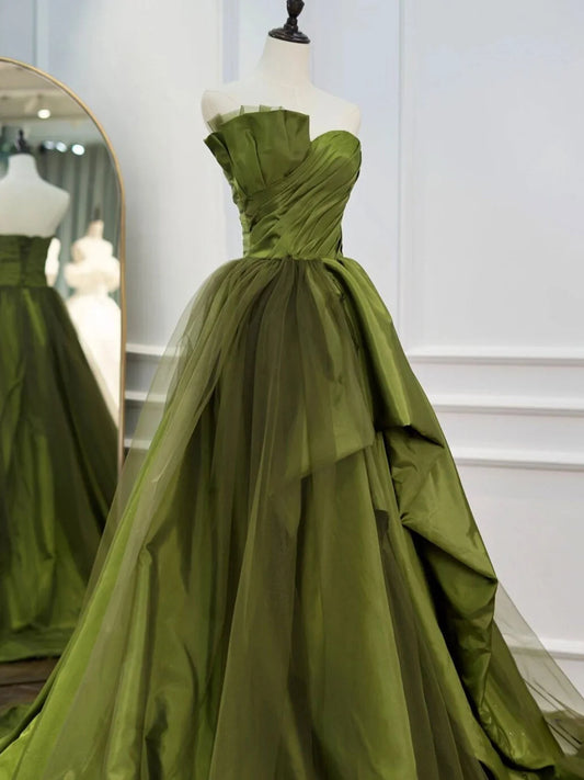 Green Satin and Tulle Long Formal Dress Party Dress, Green Ruffle Tiered Prom Dresses TP2145