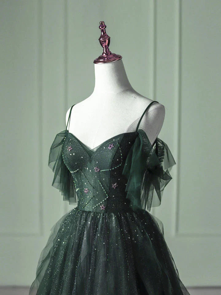 Vestido formal largo de tul verde degradado, corte A, tirantes con cuentas verdes, para fiesta y graduación, TP2150