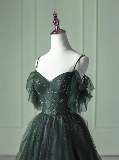 Vestido formal largo de tul verde degradado, corte A, tirantes con cuentas verdes, para fiesta y graduación, TP2150